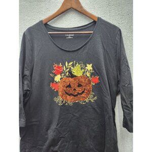 Jack o lantern Black 3/4 Sleeve Womens Top With Sequin Autumn Harvest Design By